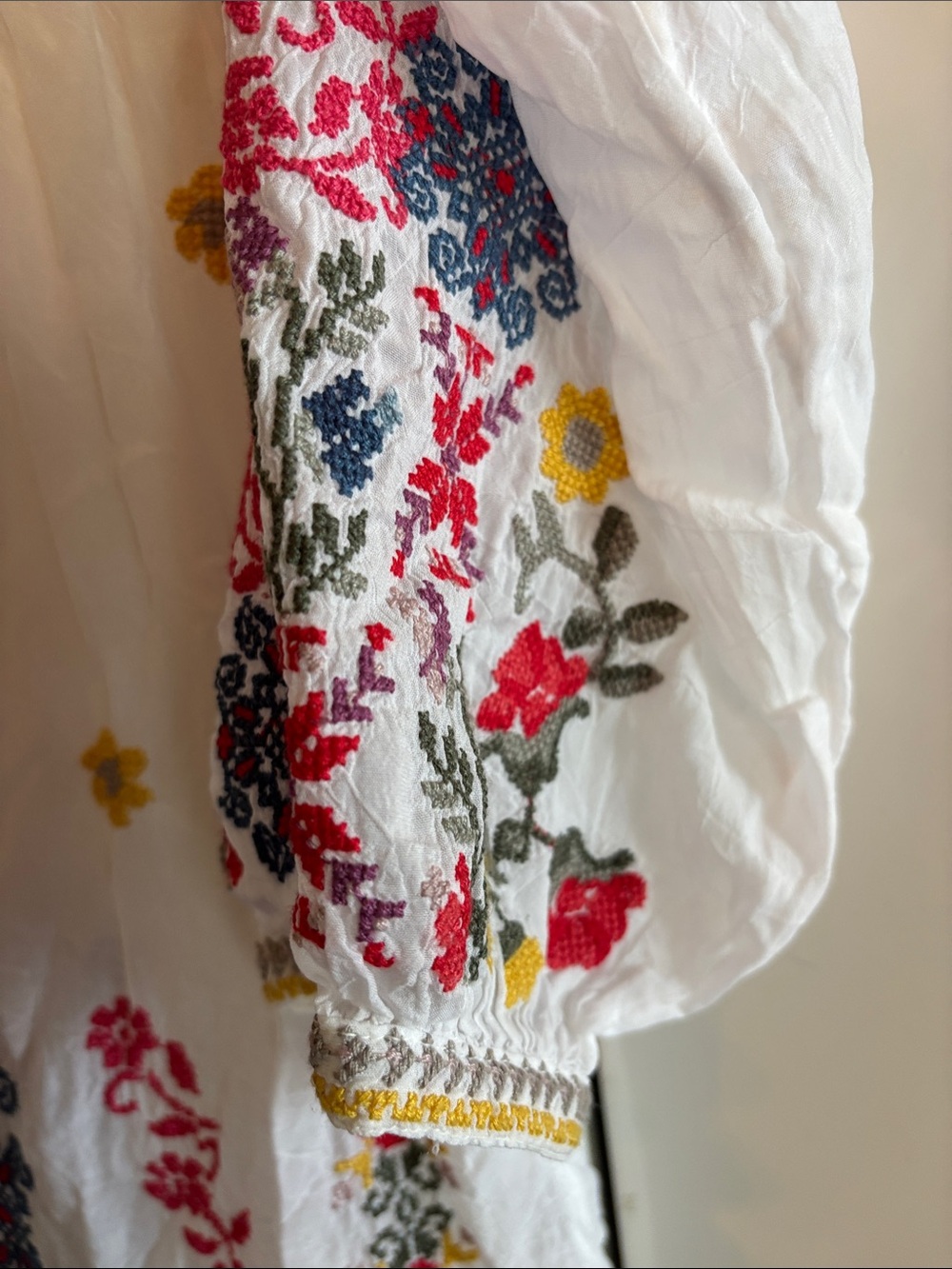 Johnny Was White Embroidered Boho Tunic Dress with Red, Navy & Yellow Accents - Picture 5 of 8